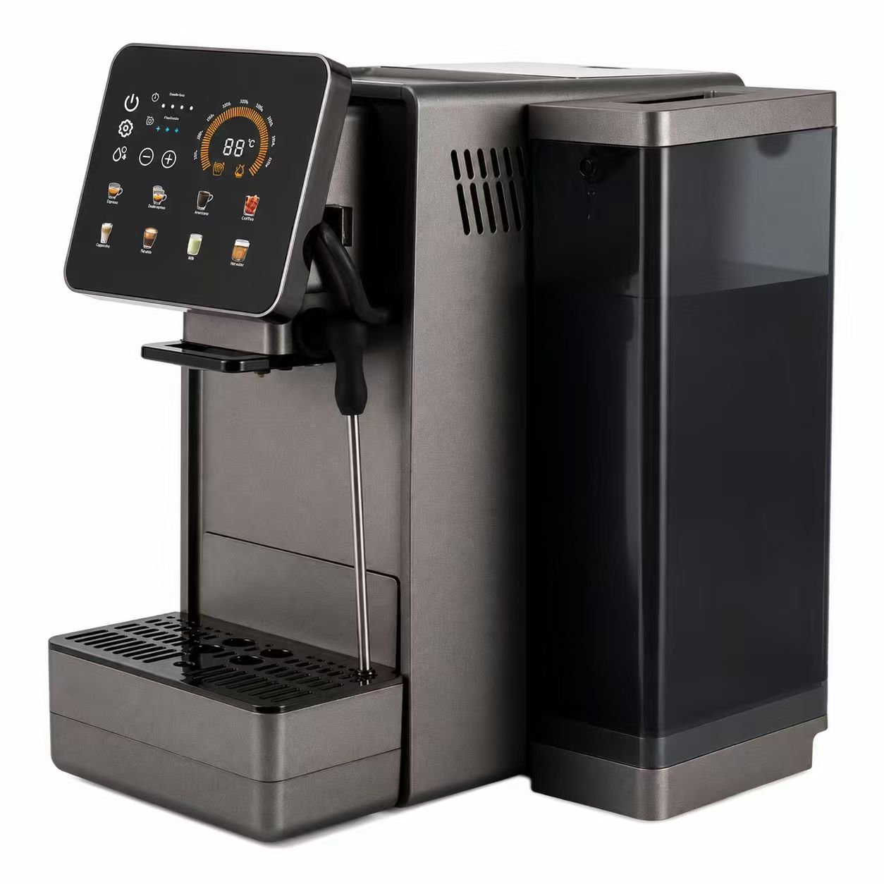 PRIME Ultimo fully automatic coffee machine side view with water tank and steam wand