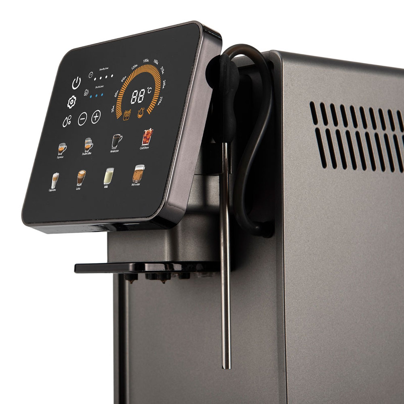PRIME Ultimo automatic coffee machine touchscreen and steam wand close-up