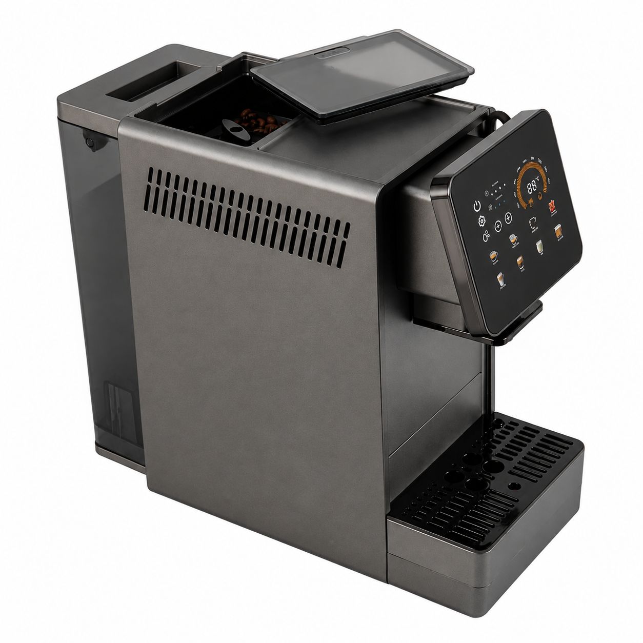 PRIME Ultimo automatic coffee machine with open bean hopper above the built-in grinder