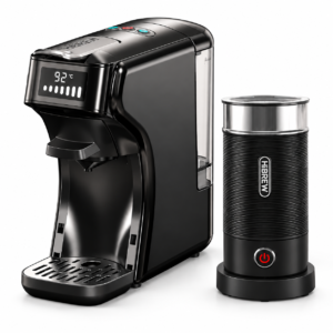 HiBREW H1B coffee machine and M1A milk frother in black