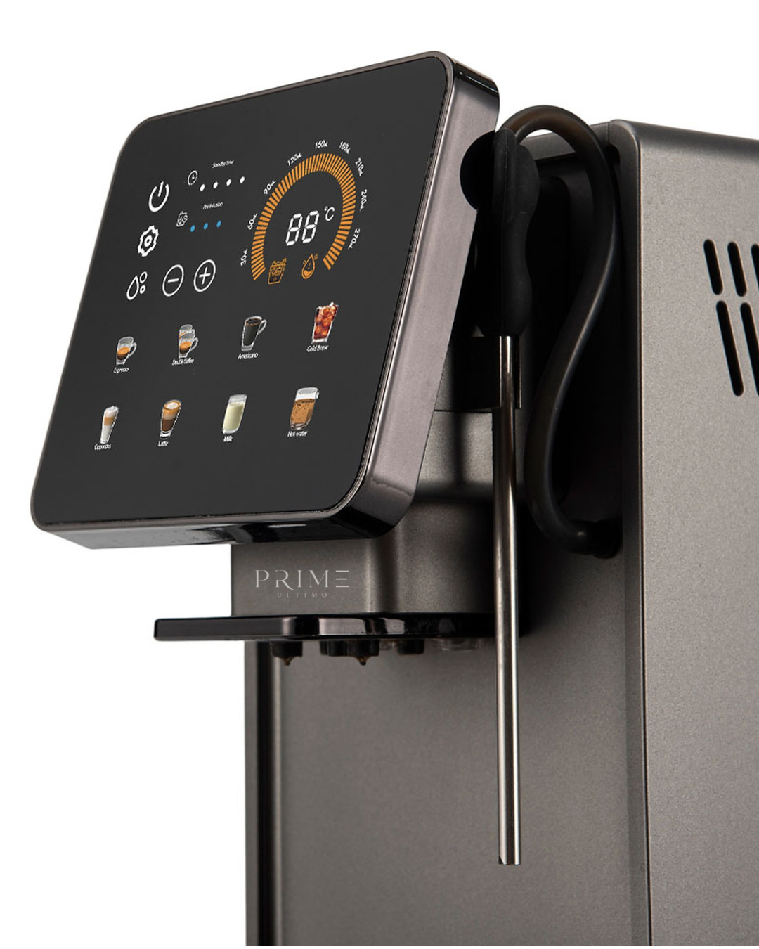 PRIME Ultimo touchscreen coffee machine close-up with steam wand and PRIME branding